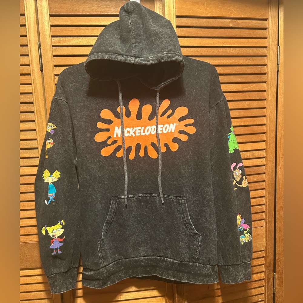 Vintage Nickelodeon Black Distressed Hoodie with Rugrats Cartoon Characters